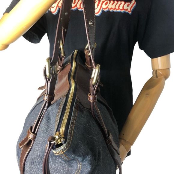 BURBERRY BLUE LABEL Denim Top Zip Shoulder Bag w/ Adj Brown Leather Straps RARE - Picture 5 of 17